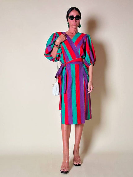 Wrap dress a righe multicolor con fusciacca in coordinato “Yves Saint Laurent”