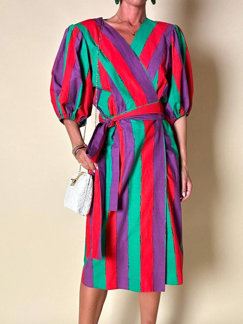 Wrap dress a righe multicolor con fusciacca in coordinato “Yves Saint Laurent”