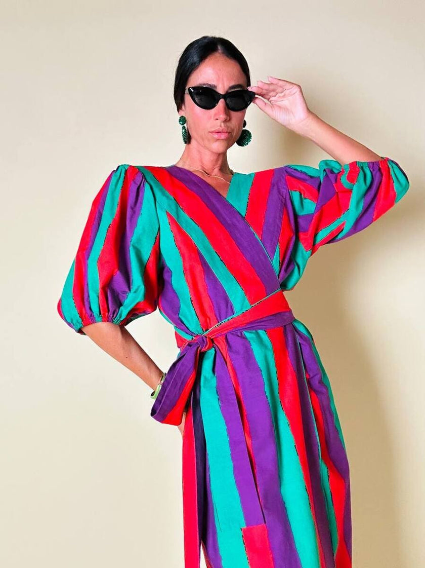 Wrap dress a righe multicolor con fusciacca in coordinato “Yves Saint Laurent”