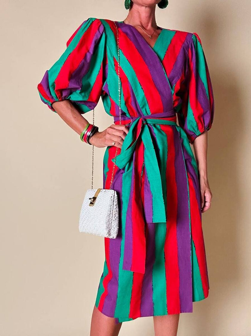 Wrap dress a righe multicolor con fusciacca in coordinato “Yves Saint Laurent”