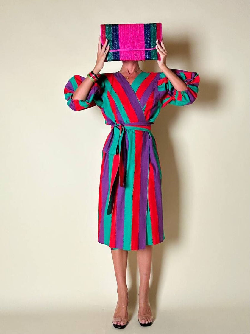 Wrap dress a righe multicolor con fusciacca in coordinato “Yves Saint Laurent”