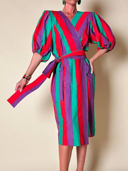 Wrap dress a righe multicolor con fusciacca in coordinato “Yves Saint Laurent”