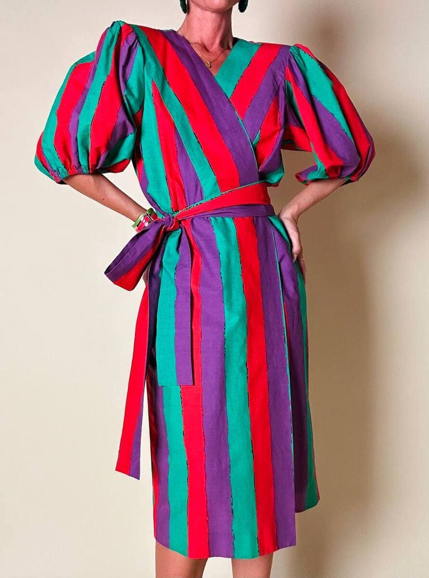 Wrap dress a righe multicolor con fusciacca in coordinato “Yves Saint Laurent”