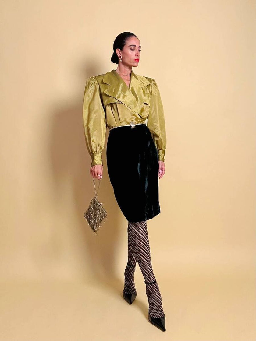 Wrap dress in velluto nero e organza ottone
