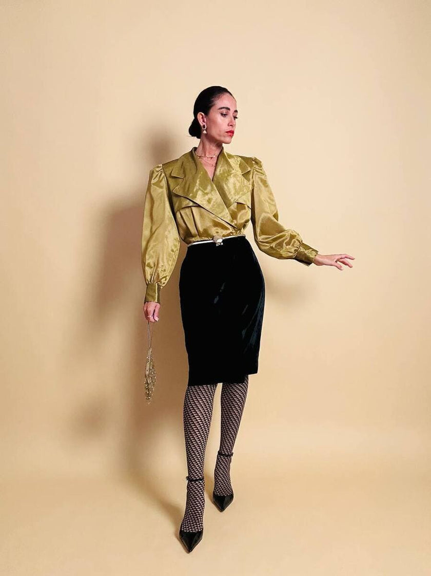 Wrap dress in velluto nero e organza ottone
