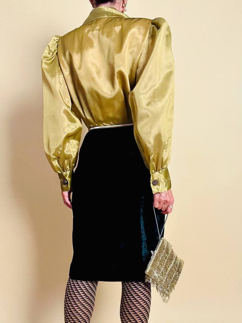 Wrap dress in velluto nero e organza ottone
