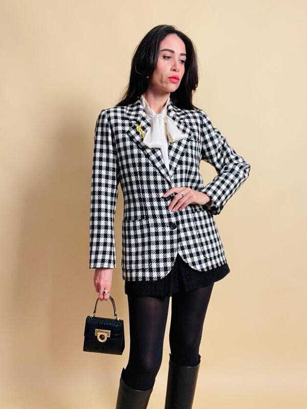 Blazer a scacchi bianchi e neri Yves Saint Laurent