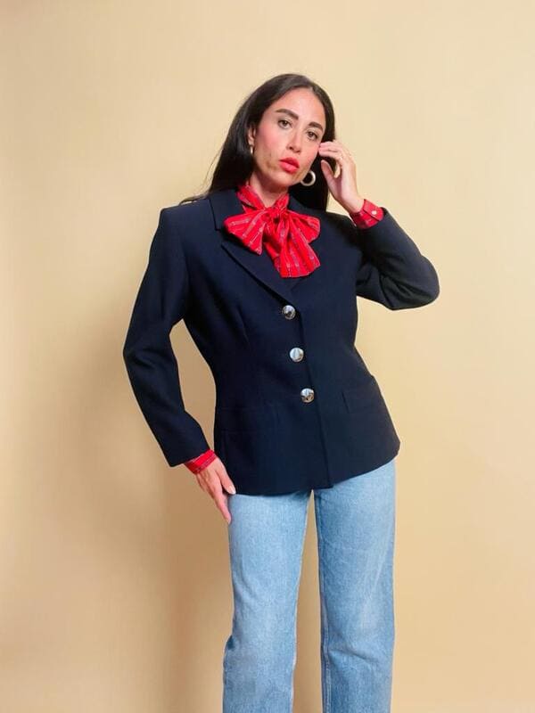 Blazer blu con bottoni in metallo oro Yves Saint Laurent