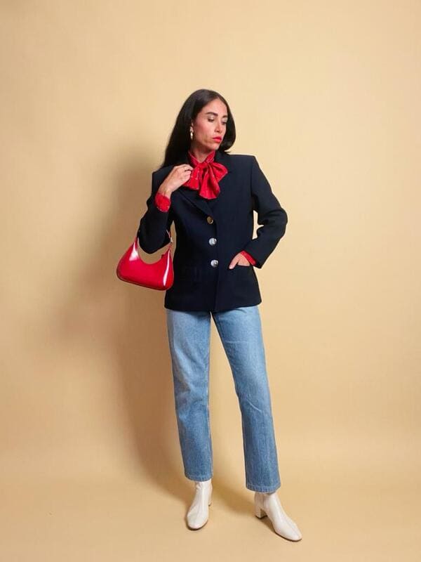 Blazer blu con bottoni in metallo oro Yves Saint Laurent