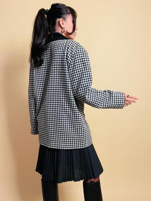 Blazer in lana pied de poule con colletto in corduroy