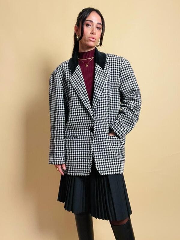 Blazer in lana pied de poule con colletto in corduroy