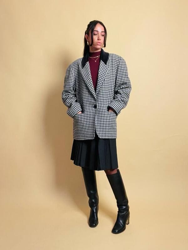 Blazer in lana pied de poule con colletto in corduroy