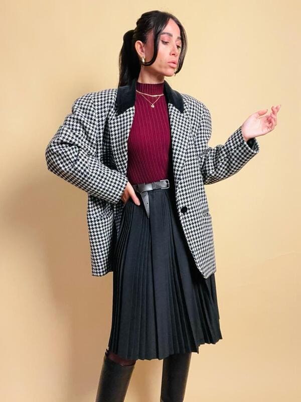 Blazer in lana pied de poule con colletto in corduroy
