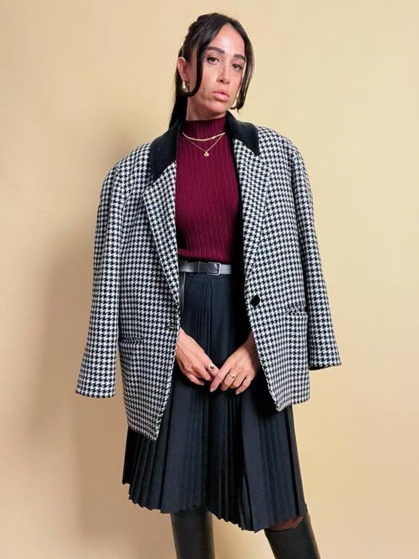 Blazer in lana pied de poule con colletto in corduroy