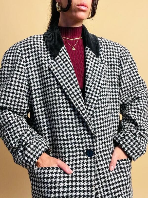 Blazer in lana pied de poule con colletto in corduroy