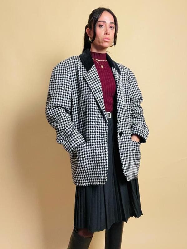 Blazer in lana pied de poule con colletto in corduroy