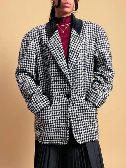 Blazer in lana pied de poule con colletto in corduroy