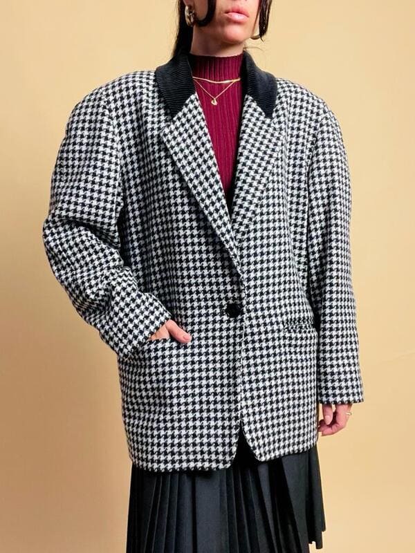 Blazer in lana pied de poule con colletto in corduroy
