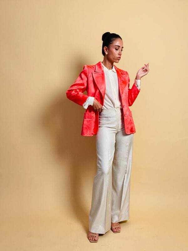 Blazer Yves Saint Laurent in seta Jaquard damascata rosa geranio