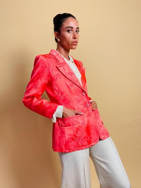 Blazer Yves Saint Laurent in seta Jaquard damascata rosa geranio