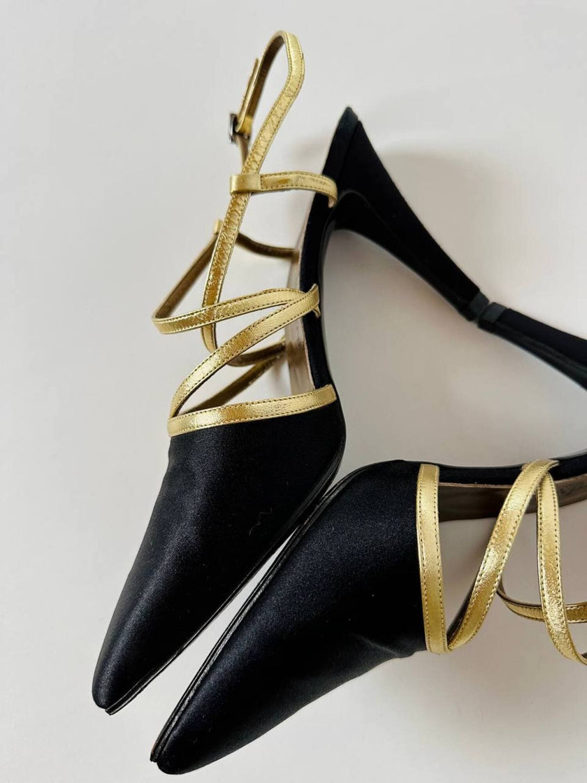 Sandali vintage Yves Saint Laurent in raso di seta nero e pelle laminata oro