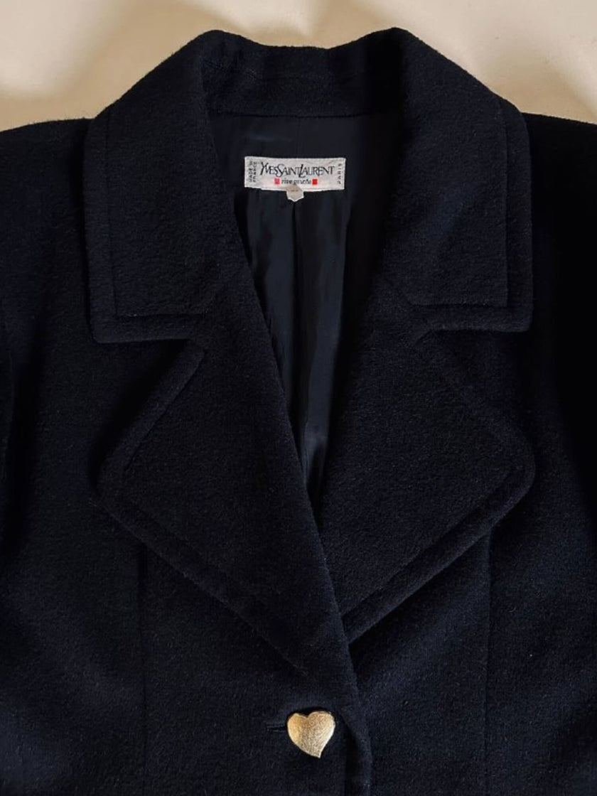 Vintage-Kurzmantel von Yves Saint Laurent aus schwarzer Wolle mit herzförmigen goldenen Knöpfen