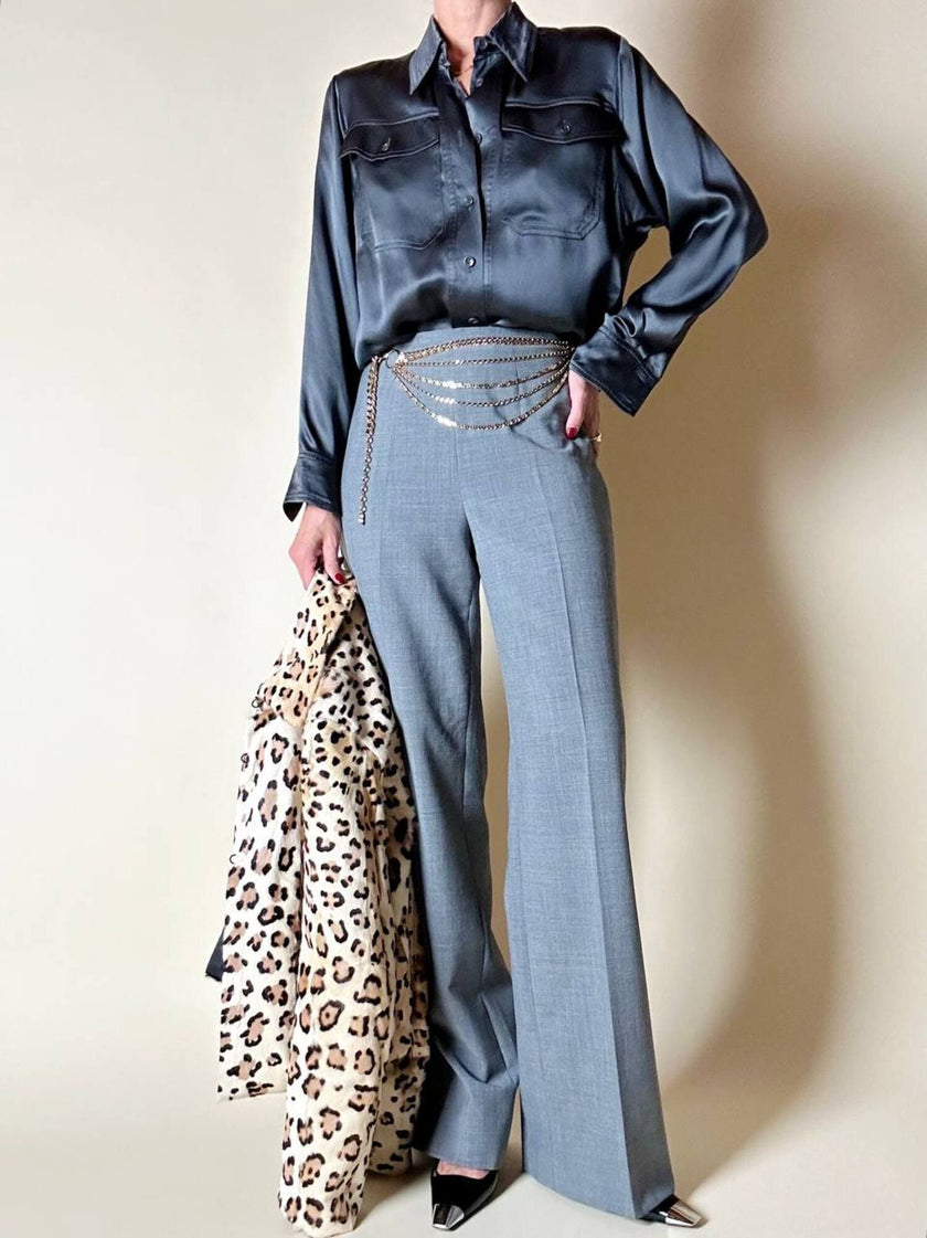 Pantalone a palazzo in rasato di lana grigio “Luisa Spagnoli”