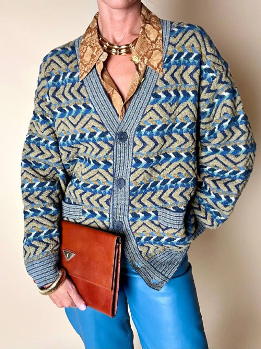 Cardigan Missoni Sport con pattern geometrico e trama tridimensionale nei toni del verde e blu