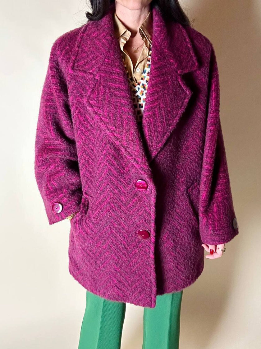 Capottino vintage spinato in tweed di lana e mohair magenta e prugna