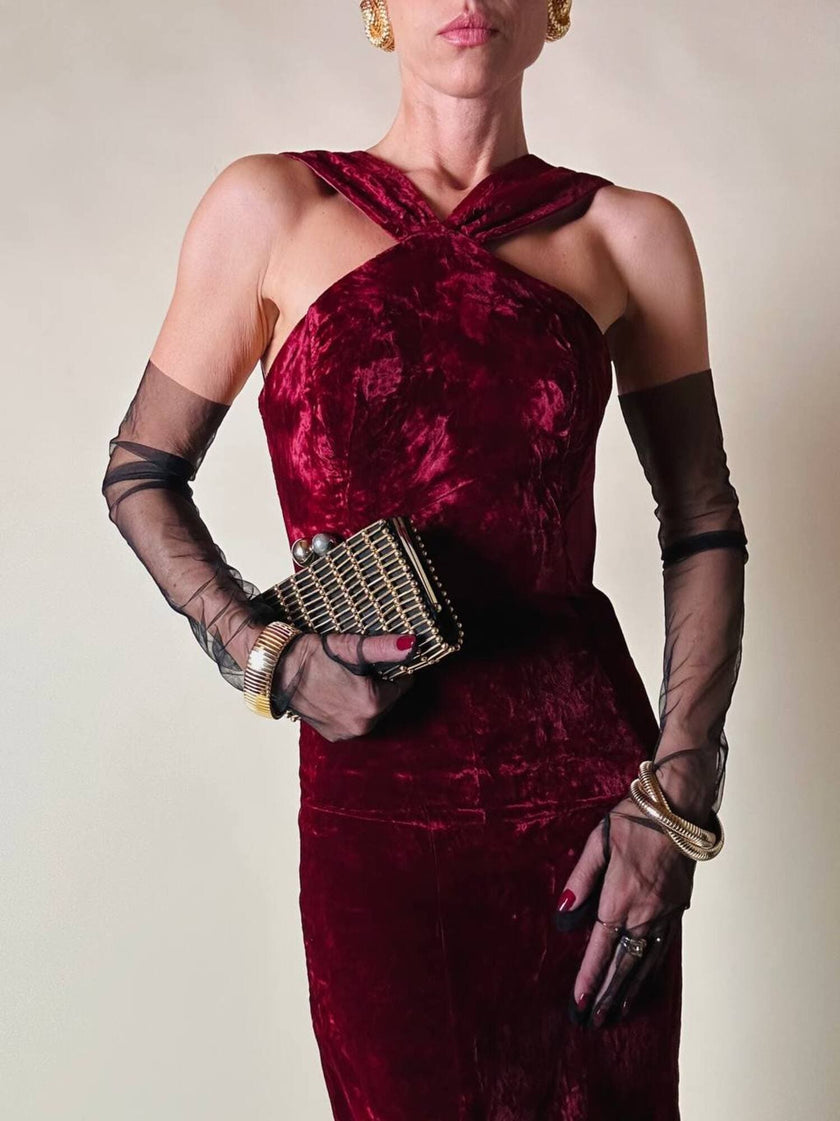 Abito lungo in velluto bordeaux “Evening Chic by Nancy Bracoloni”