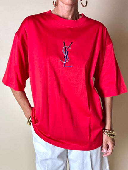 T-shirt Yves Saint Laurent  in cotone rosso con maxi logo YSL