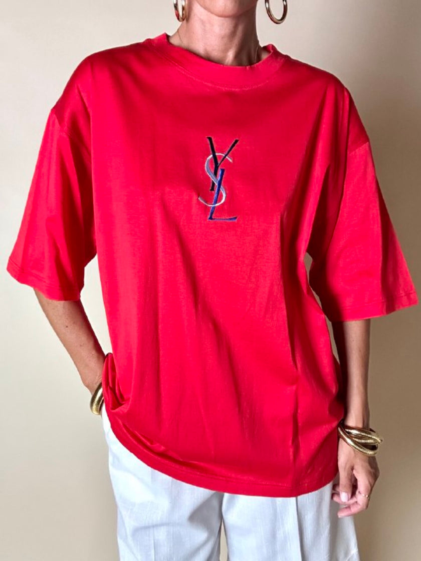 T-shirt Yves Saint Laurent  in cotone rosso con maxi logo YSL