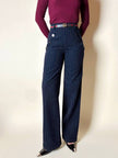 Pantalone a vita alta DOU DOU modello sailor in lana gessata blu notte