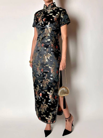 Qipao vintage in raso jacquard nero fantasia orientale con draghi e fenici