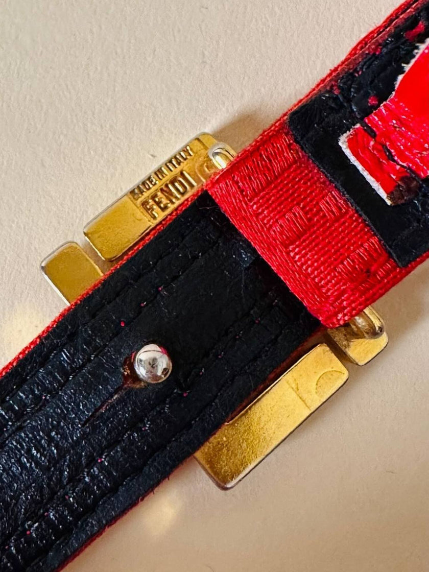 Cintura rossa in tessuto Jaquard con fibbia logo dorata “Fendi”