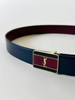 Cintura vintage Yves Saint Laurent double face blu navy e bordeaux con fibbia smaltata con logo YSL