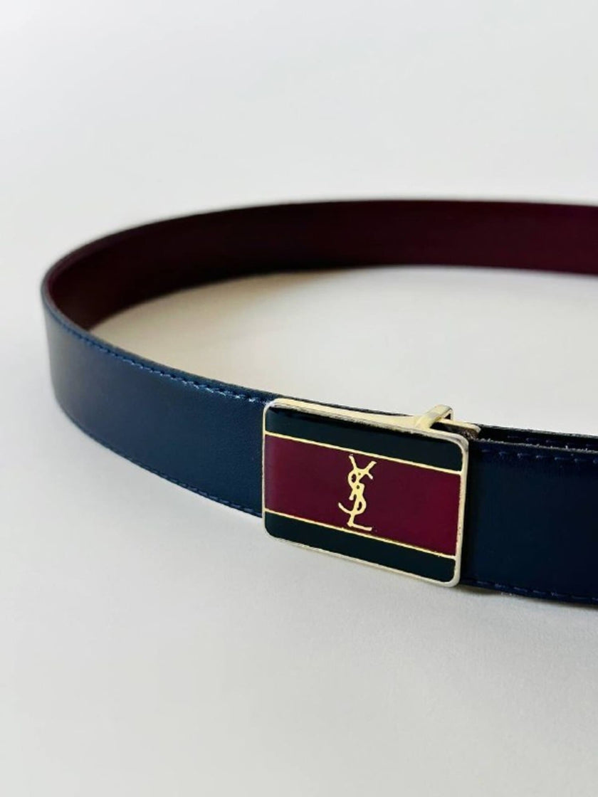 Cintura vintage Yves Saint Laurent double face blu navy e bordeaux con fibbia smaltata con logo YSL