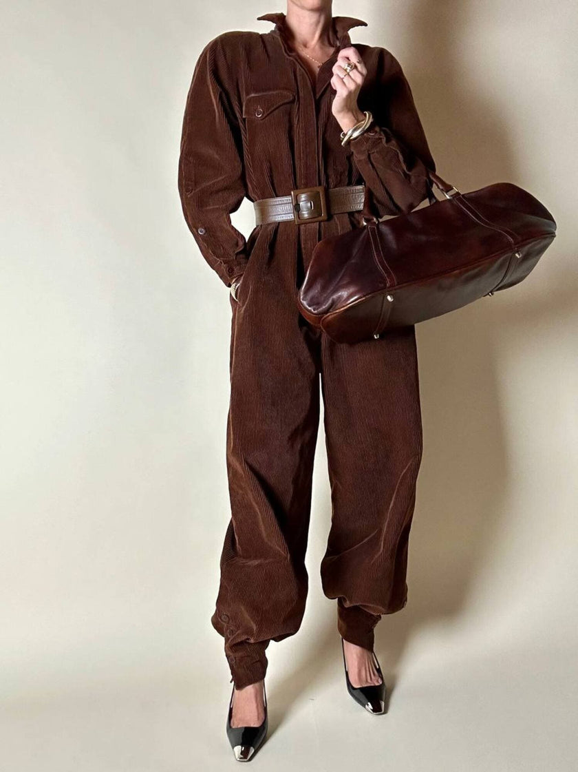 Combinaison vintage Complice en velours côtelé marron avec détails en cuir