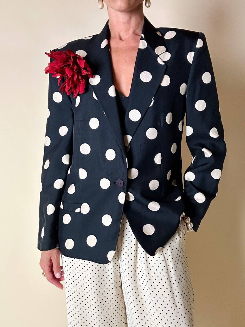 Blazer in seta nera a grandi pois color panna “Genny”