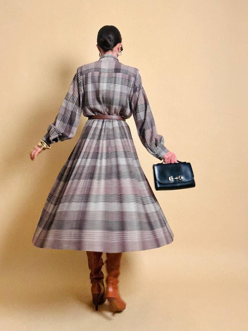 Maxi abito plissé in lana flanellata fantasia check