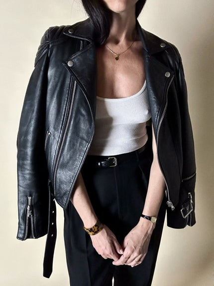 Giacca Biker vintage in pelle nera Brooklyn Bridge Factory