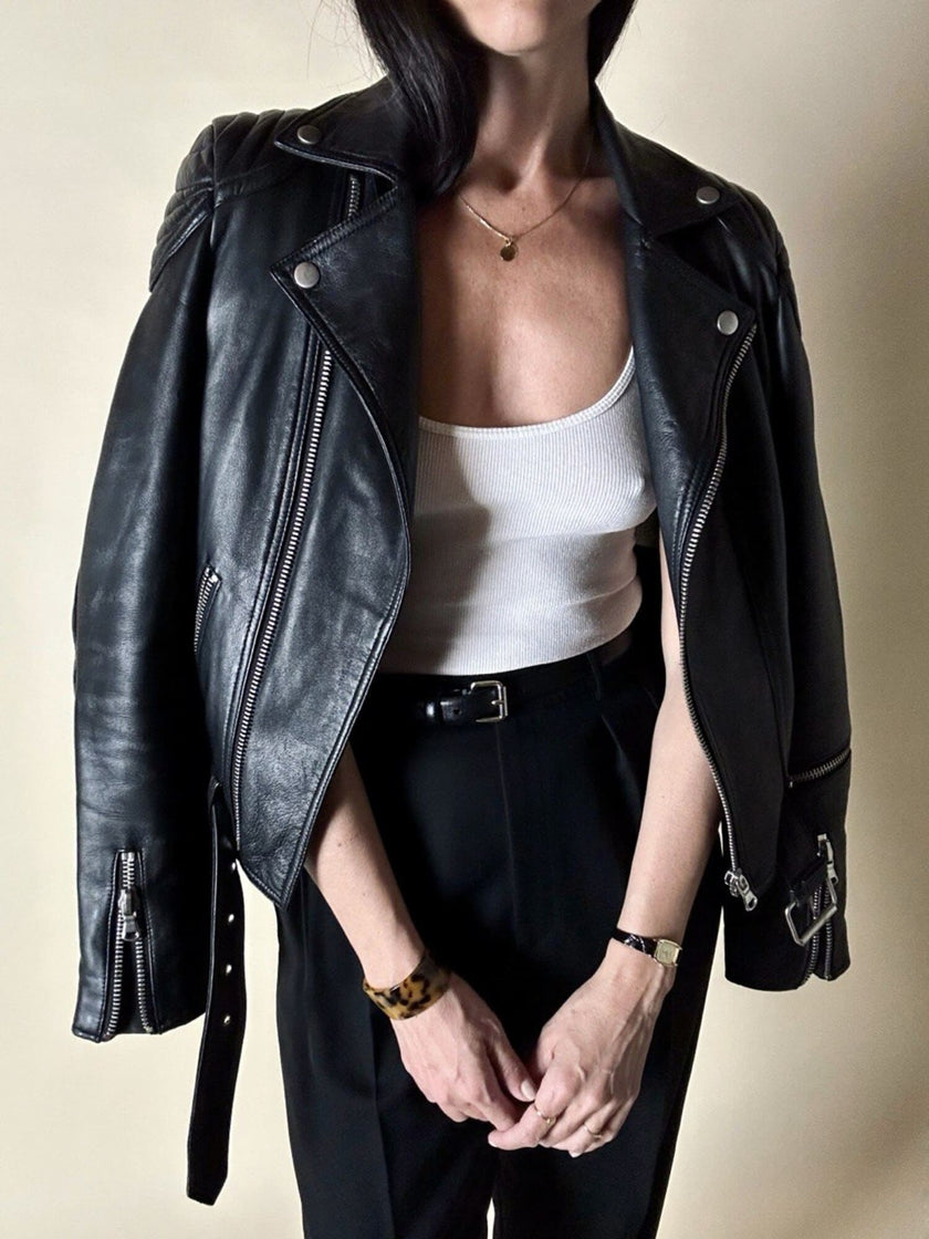 Giacca Biker vintage in pelle nera Brooklyn Bridge Factory