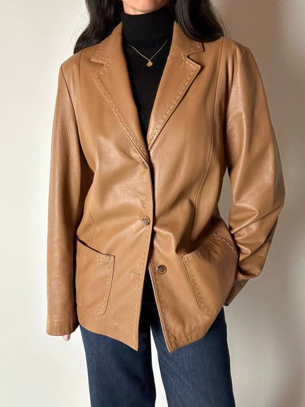 Giacca vintage in pelle color cuoio con impunture a mano Claude Collections