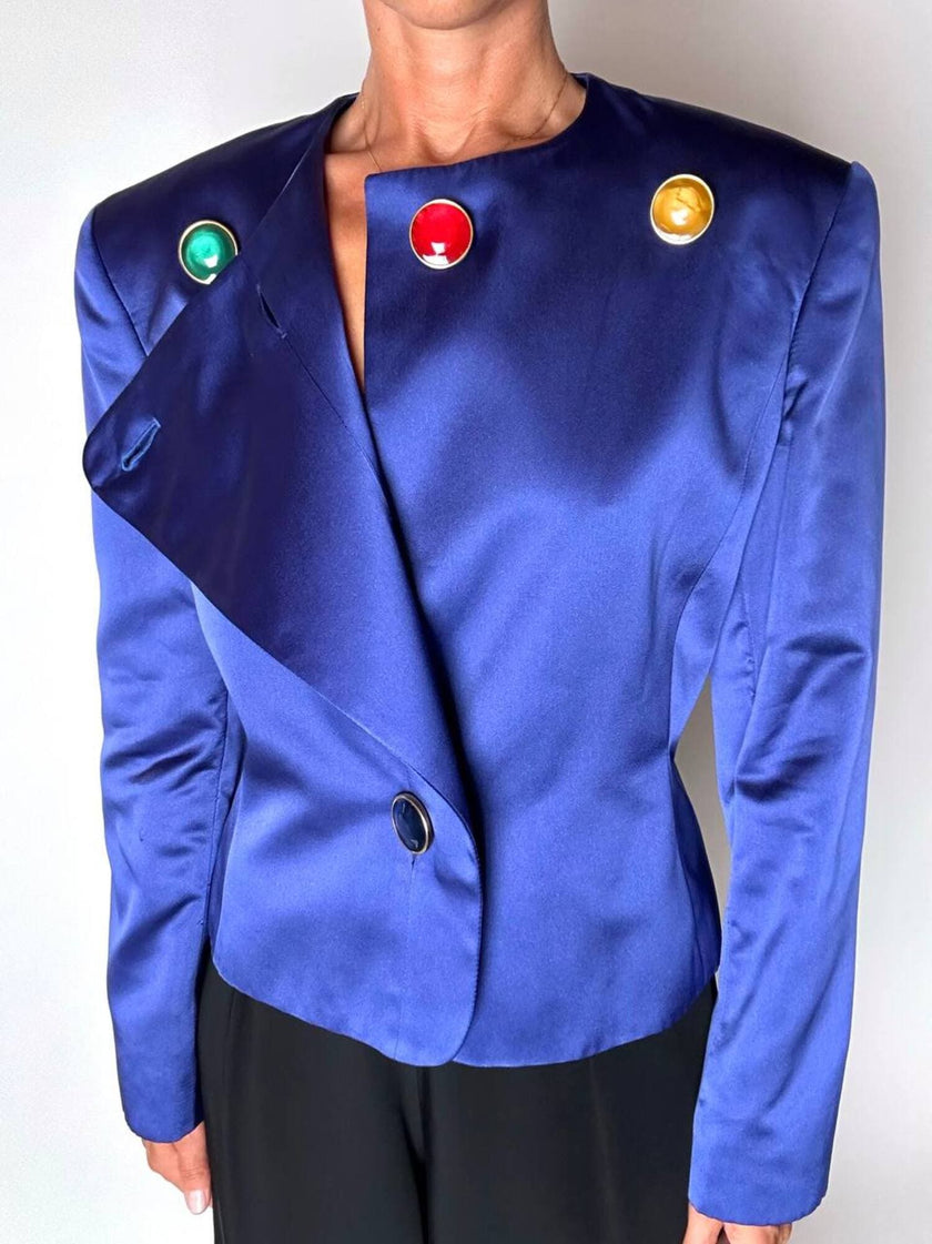 Vintage-Jacke von Yves Saint Laurent aus kobaltblauem Satin mit mehrfarbigen Schmuckknöpfen
