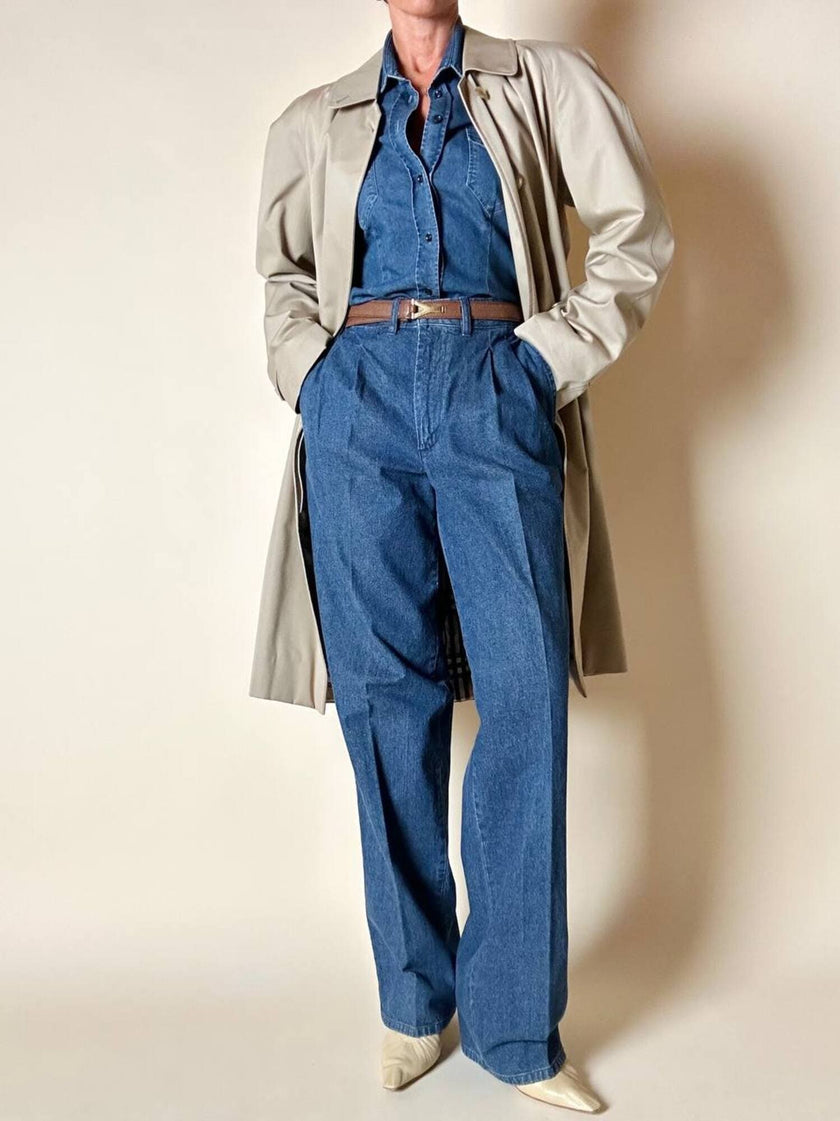 Vintage Burberry’s beige quill gabardine trench coat with matching belt and Check lining