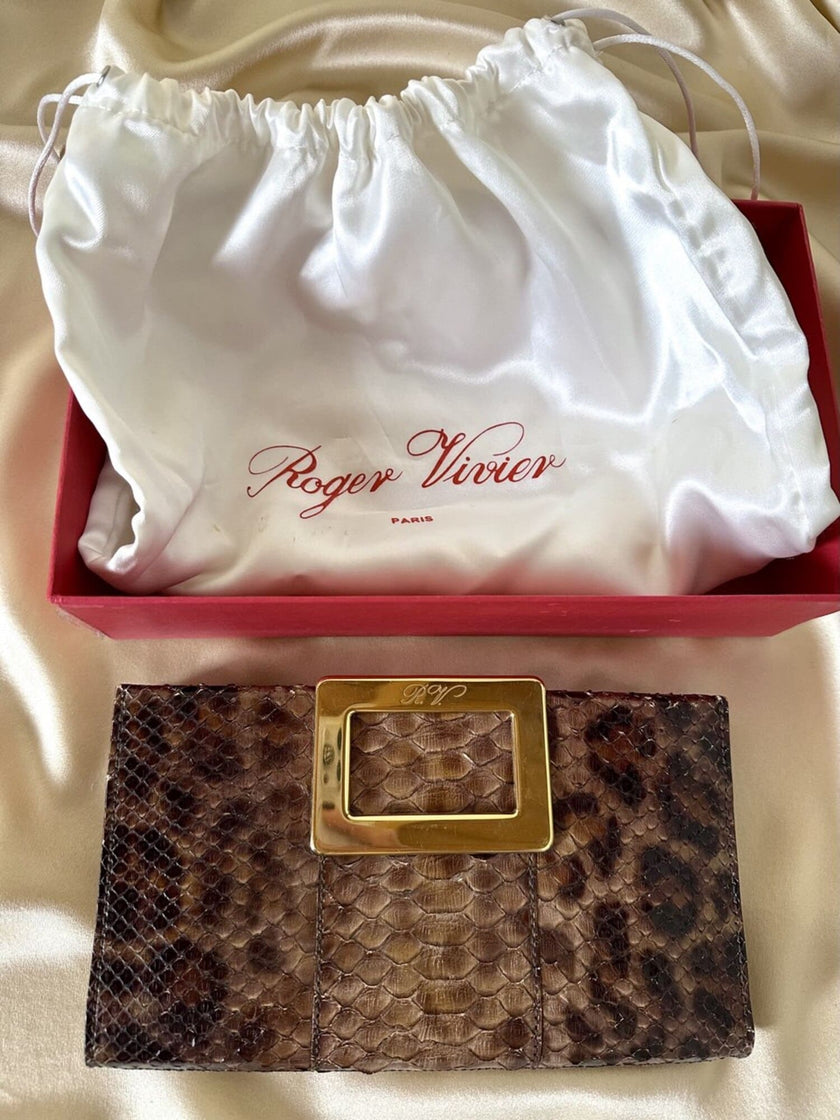 Vintage Roger Vivier leopard-print python clutch with a distinctive rectangular gold-tone metal clasp