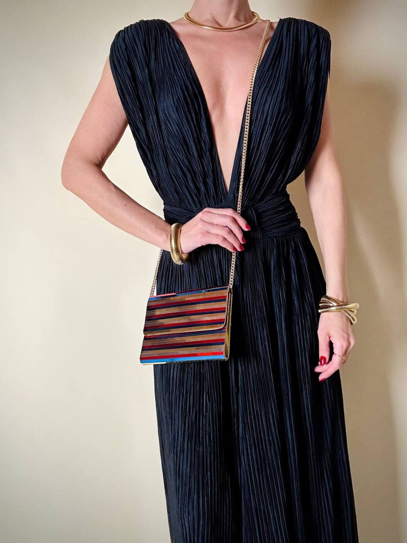 Pochette à lamelles miroirs multicolores avec bandoulière chaîne