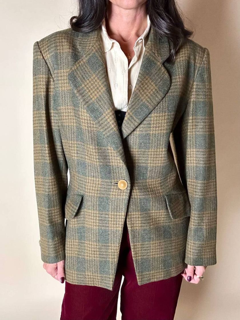 Blazer Yves Saint Laurent de lana con estampado de Príncipe de Gales verde y ocre