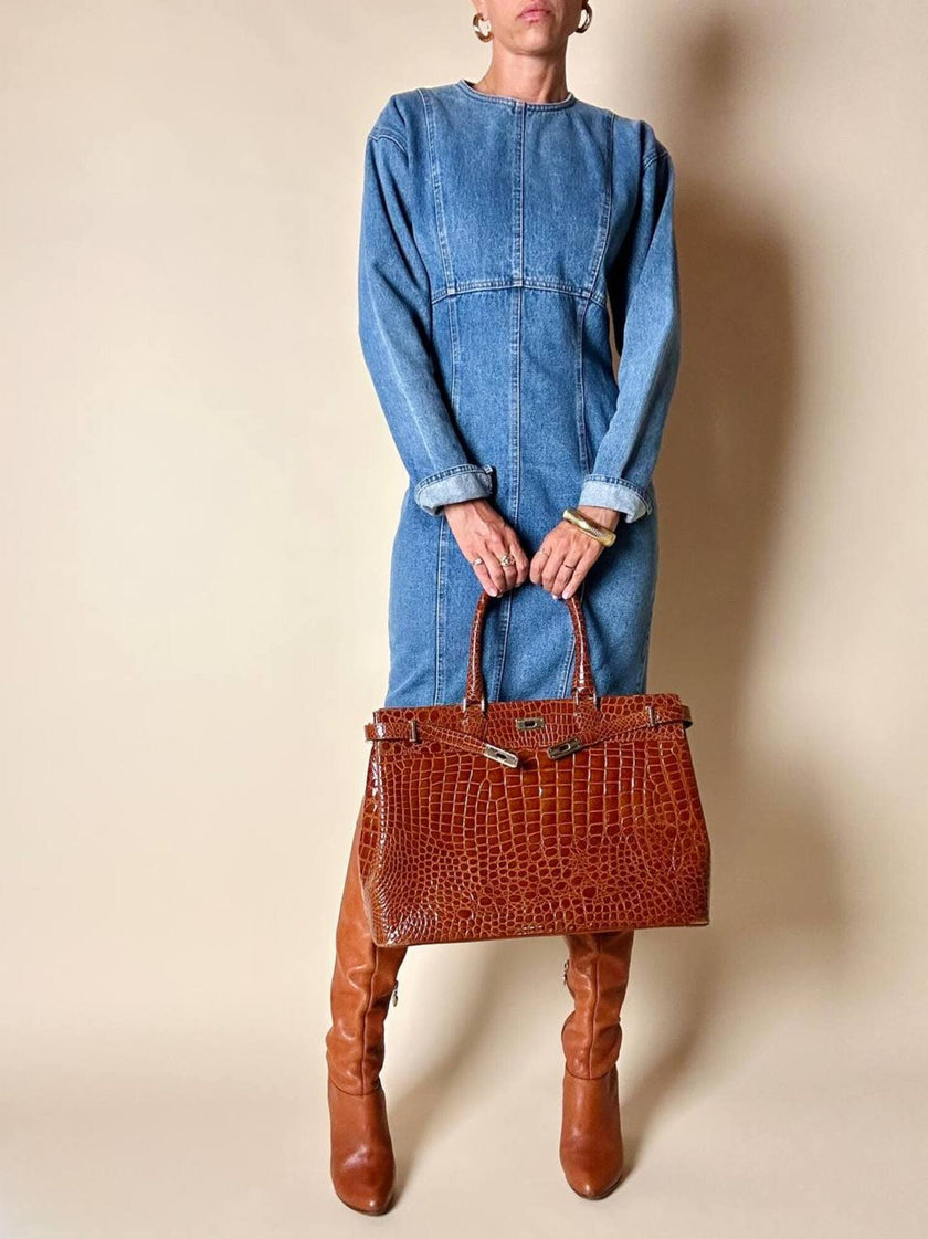 Maxi borsa in pelle stampa coccodrillo color cuoio