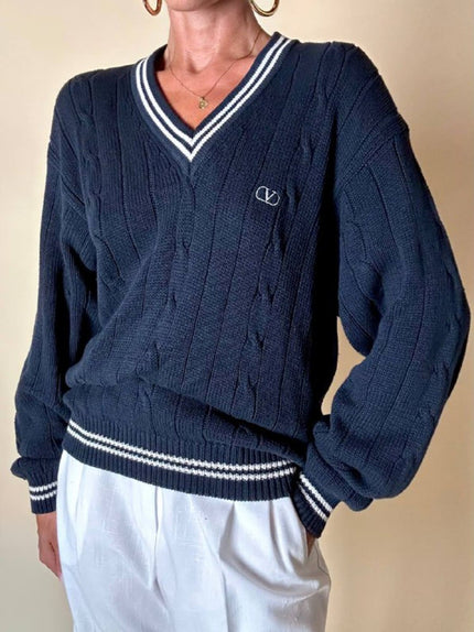 Pullover Valentino Garavani in cotone blu navy con dettagli bianchi